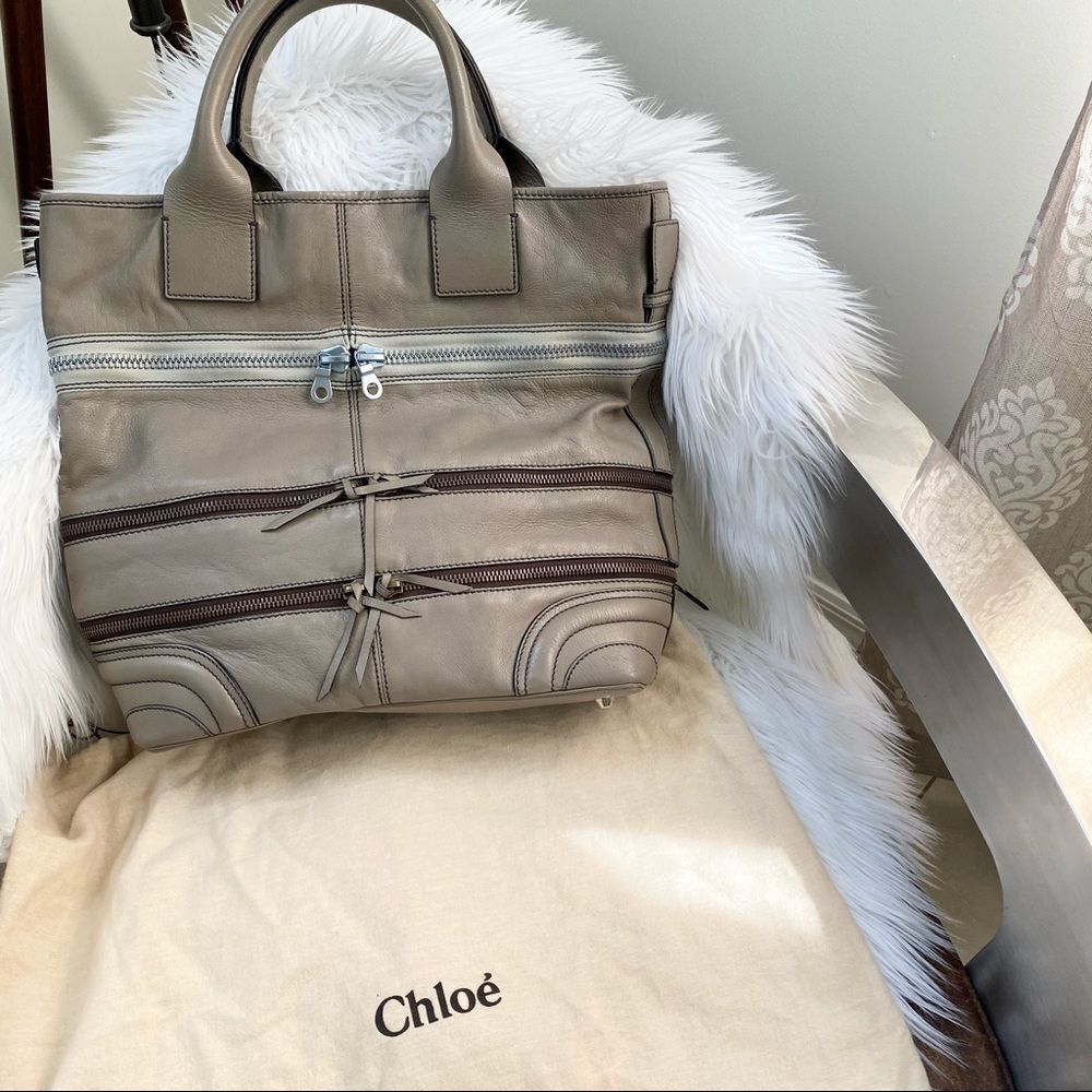 Chloe Taupe Gladys Leather Multi Zippers Tote Bag - Picture 3 of 11